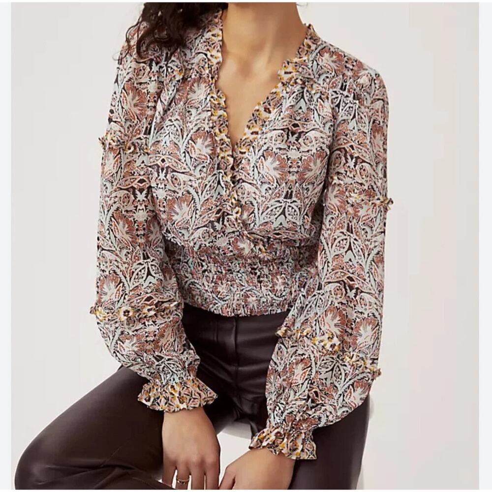 Anthropologie Floral Smocked Peplum Blouse Multicolor Viscose Womens Size XS